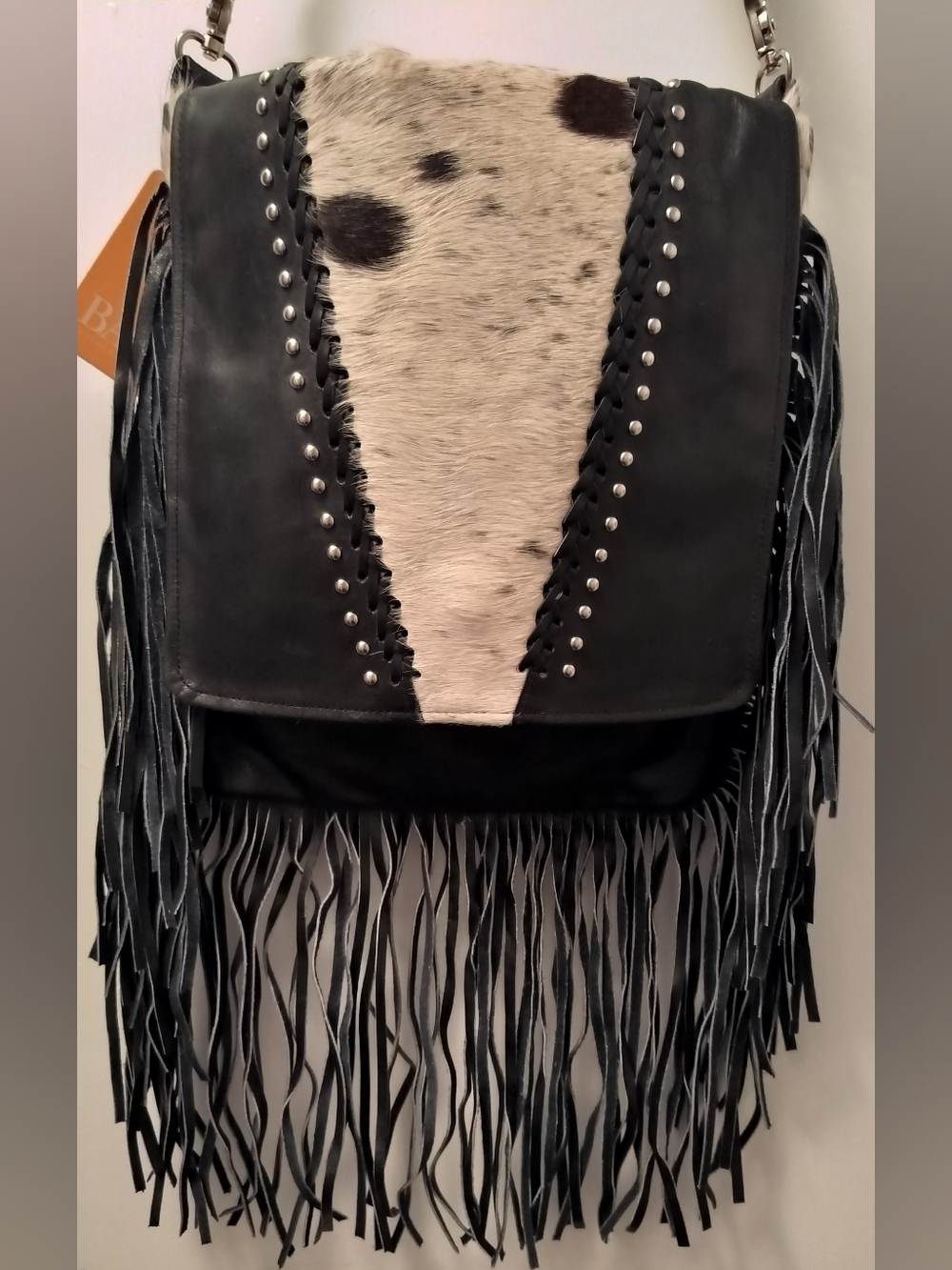 Leather Fringe Crossbody Or Shoulder Bag in Black & Cream